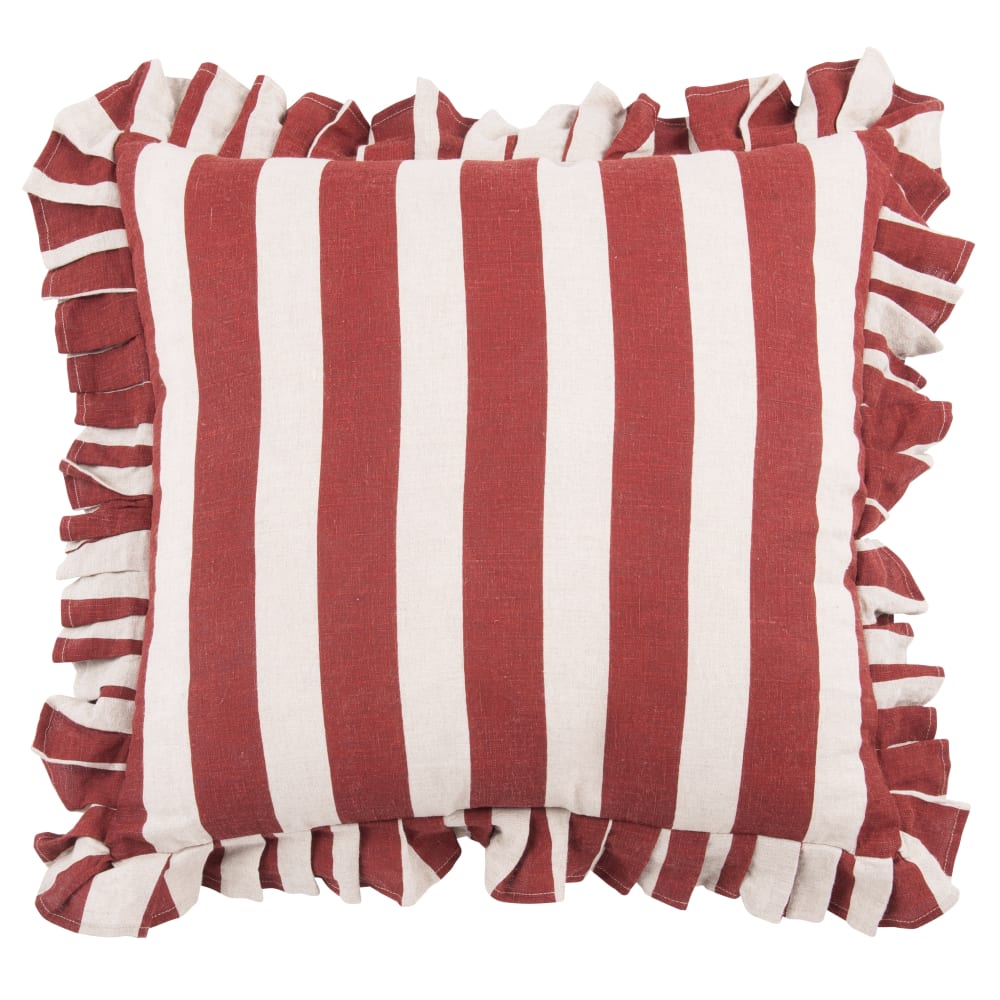 Coussin à volants en lin à rayures beige et bordeaux  45x45