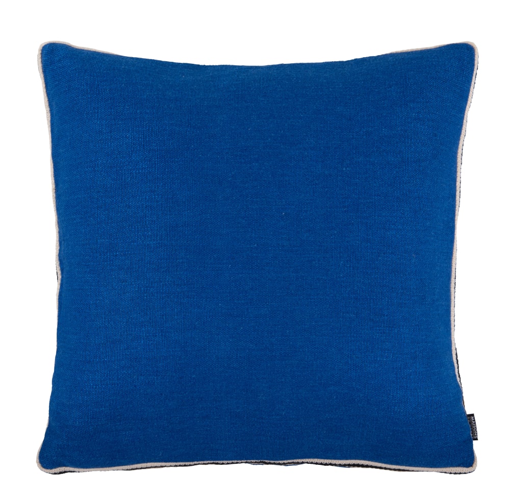 Coussin bleu et bord tissé 45x45