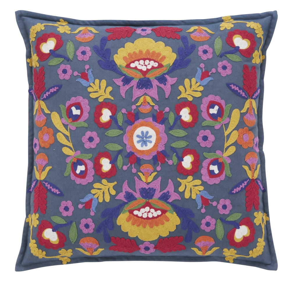 Coussin brodé en coton recyclé multicolore à pompons 50x50