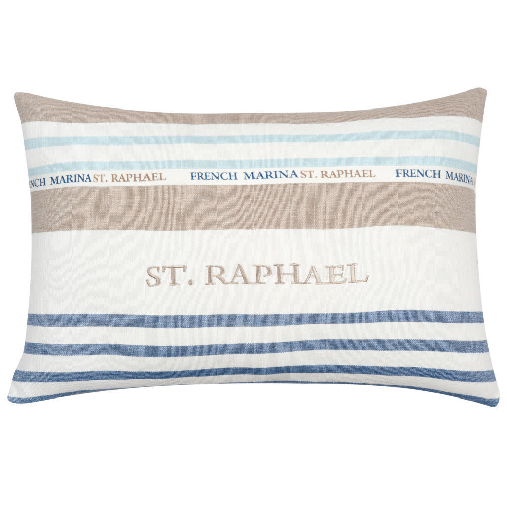 Coussin en coton blanc, bleu, taupe motifs à rayures tissées 40x60