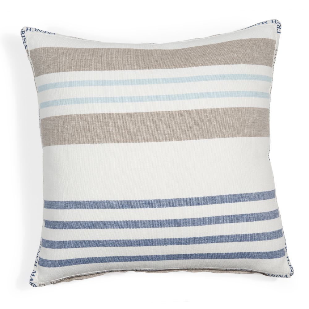 Coussin en coton blanc, bleu, taupe motifs à rayures tissées 50x50