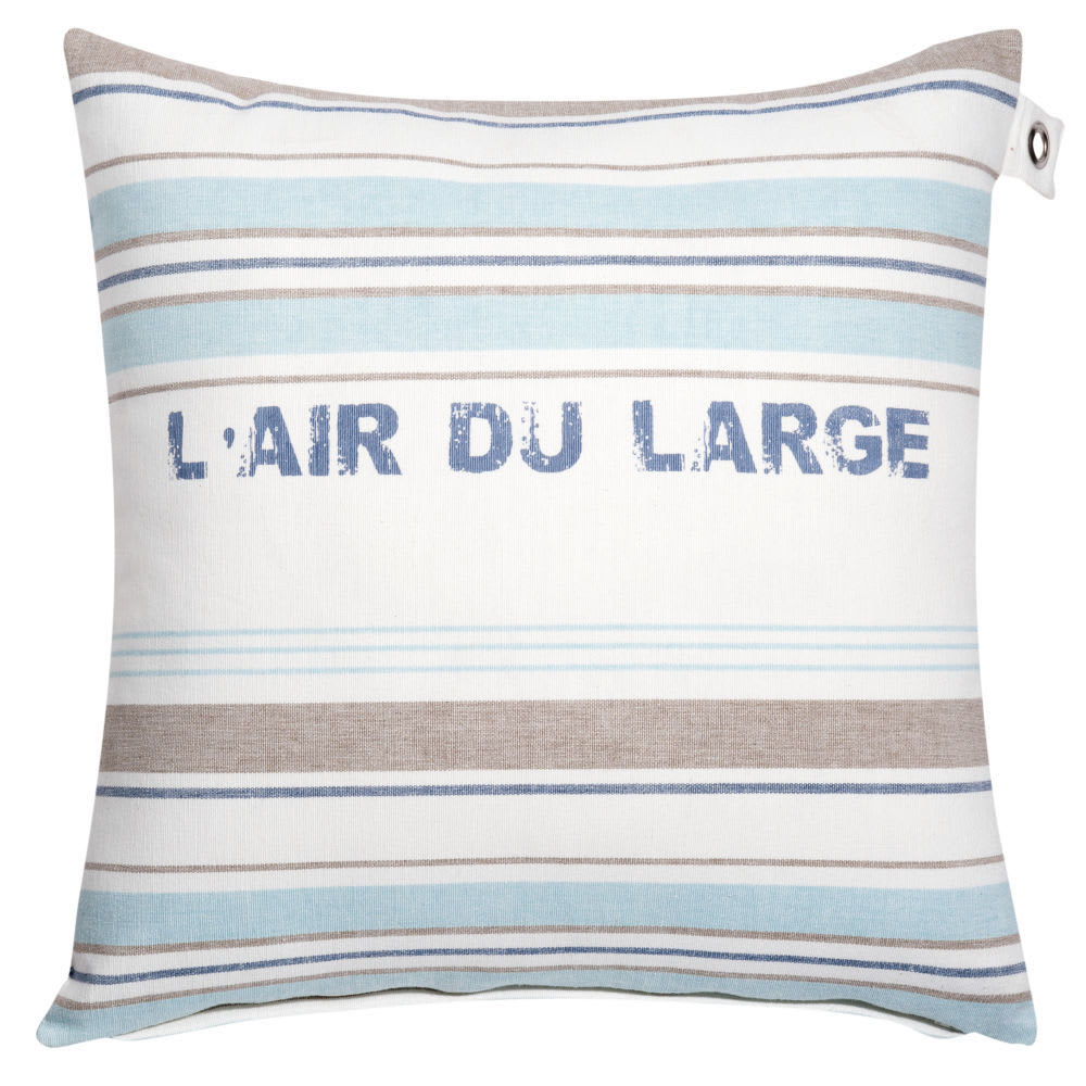 Coussin en coton blanc, bleu, taupe motifs à rayures tissées 60x60