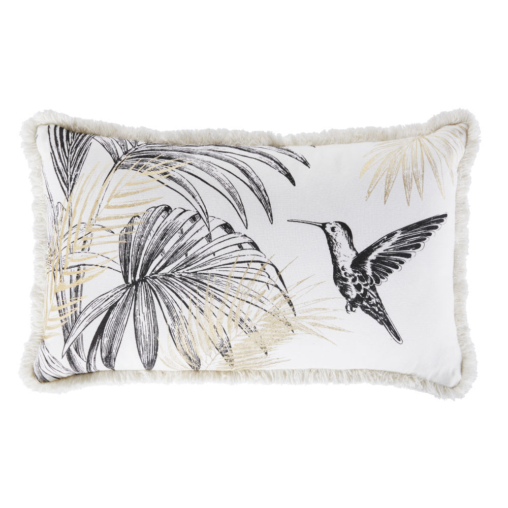 Coussin en coton blanc motif tropical imprimé noir et doré 30x50