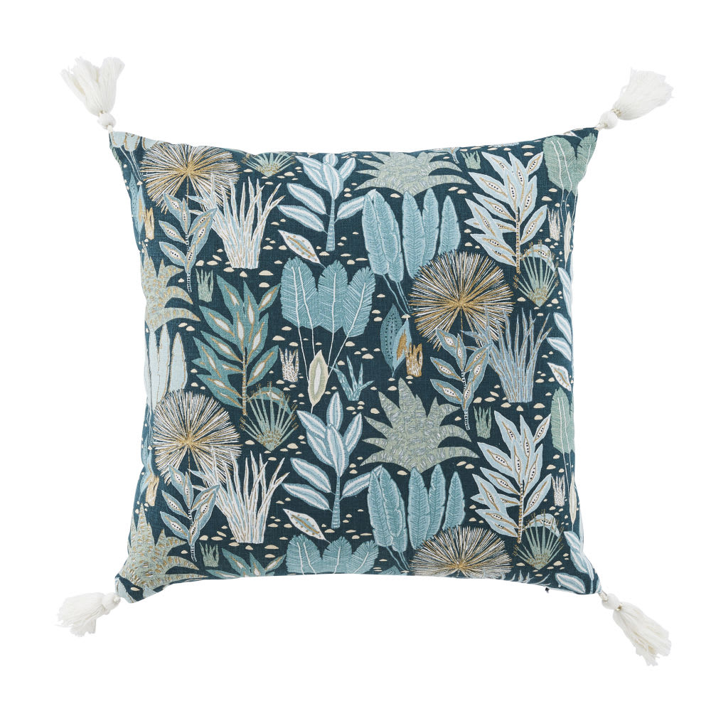 Coussin en coton et lin imprimé bleu canard, bleu vert et bleu gris avec pompons écrus 45x45
