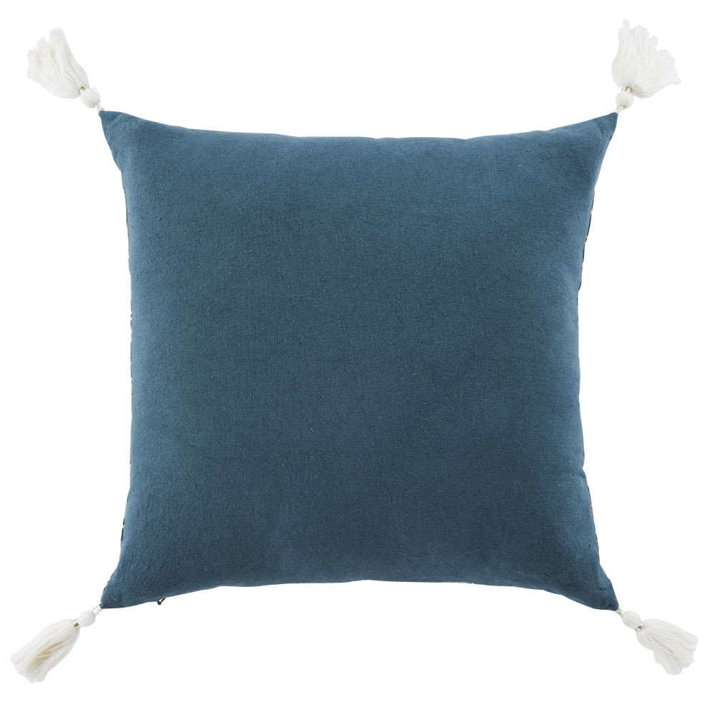 Coussin en coton et lin imprimé bleu canard, bleu vert et bleu gris avec pompons écrus 45x45 - Maisons du Monde