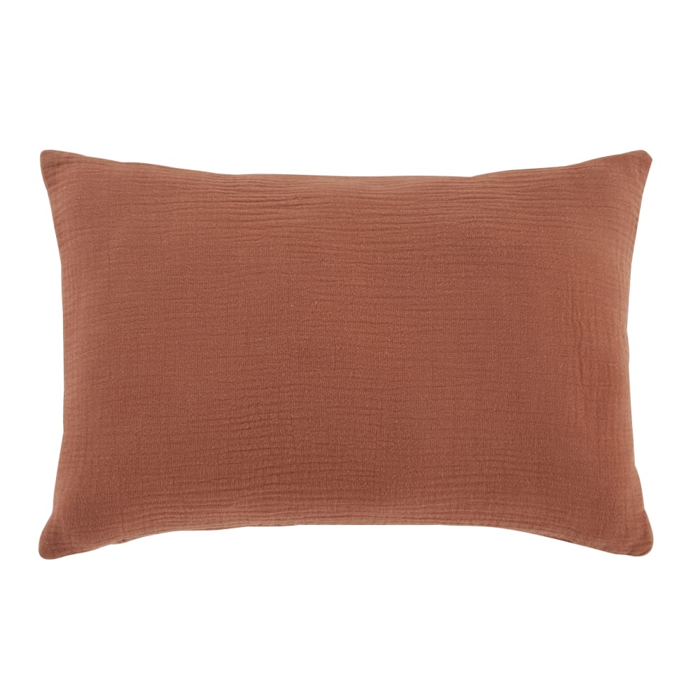 Coussin en gaze de coton imprimé ''Bonheur'' doré et terracotta, 25x40 (Maisons du Monde) - Image 1