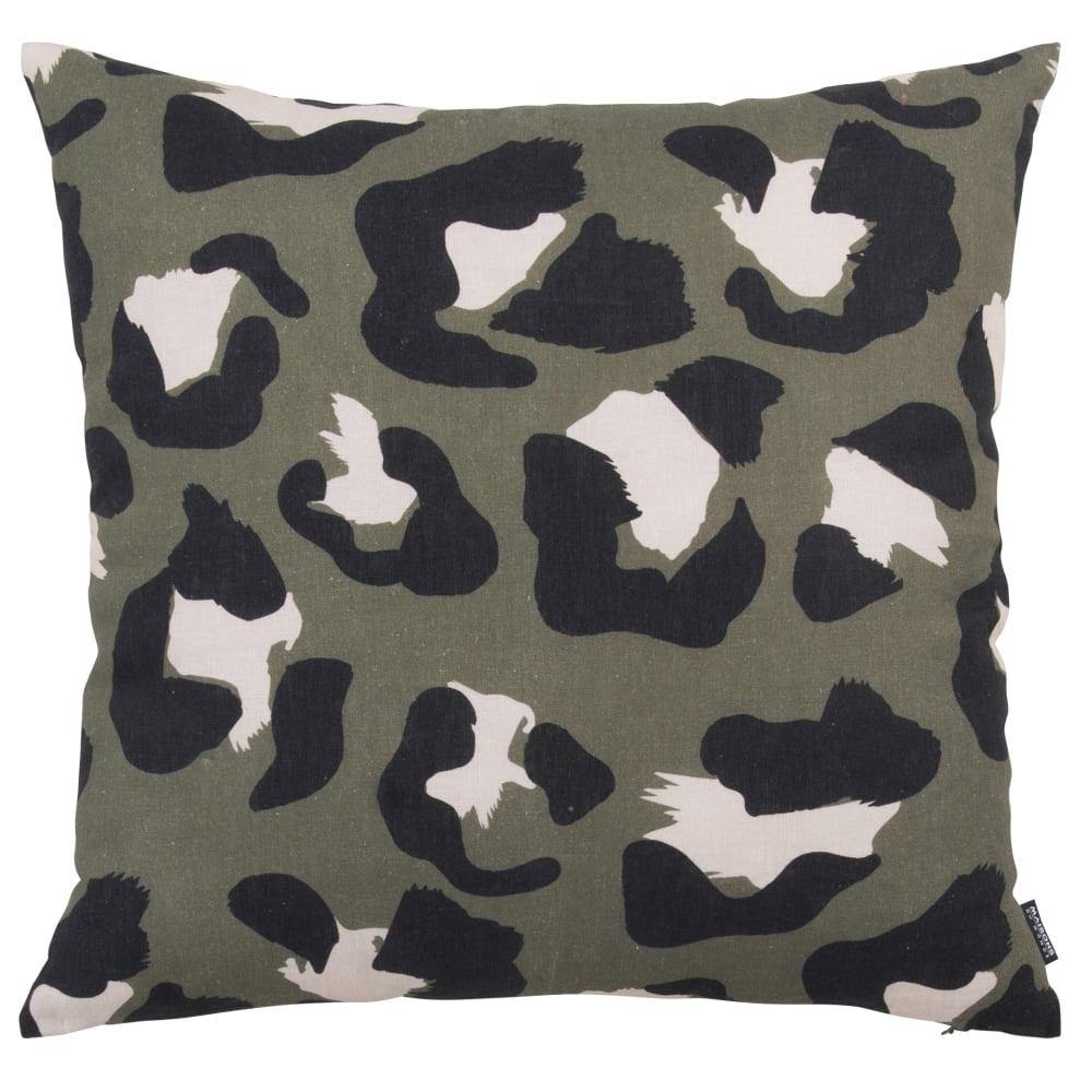 Coussin en lin vert kaki motif léopard 45x45