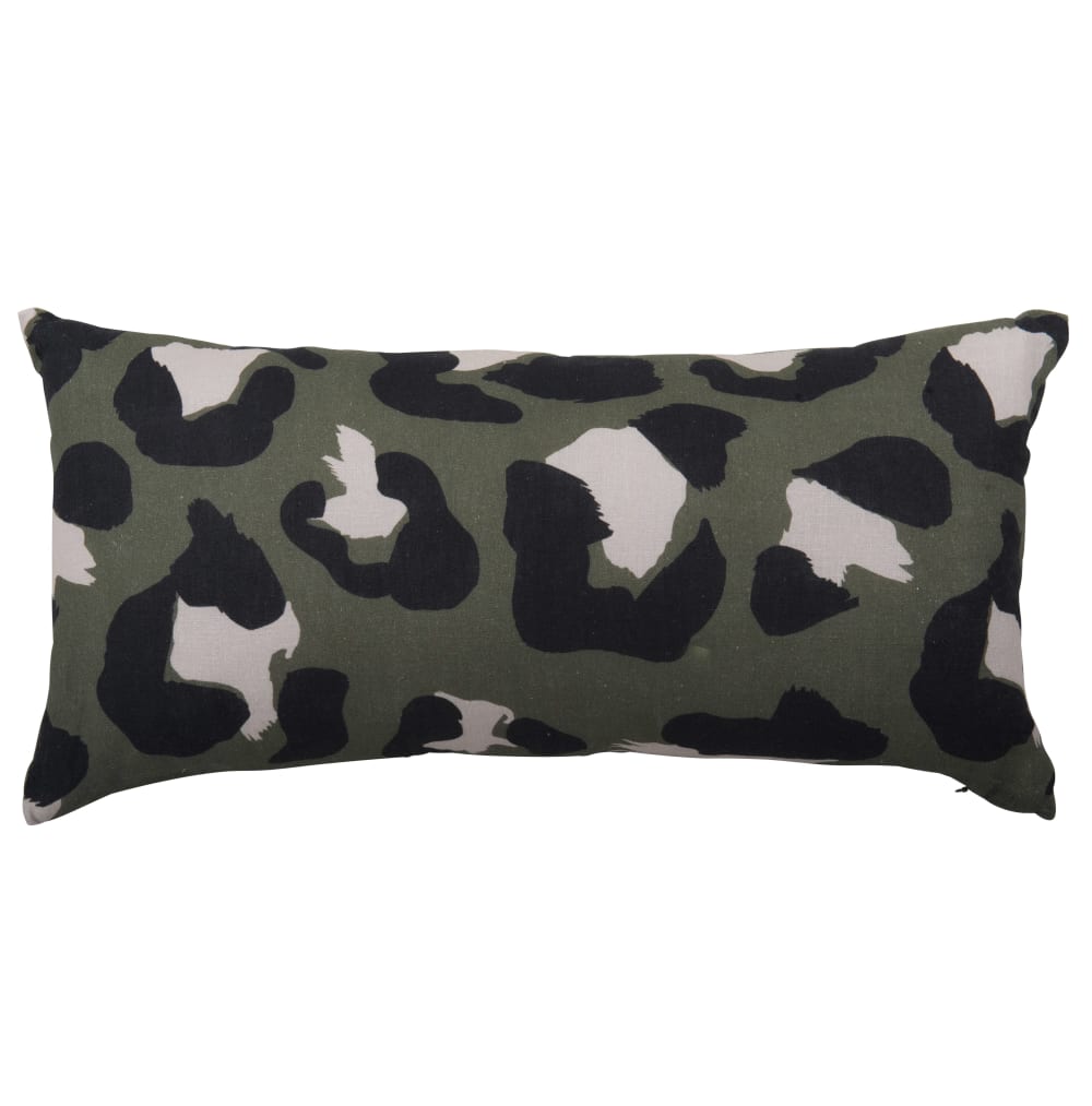 Coussin en lin vert kaki motif léopard 50x25
