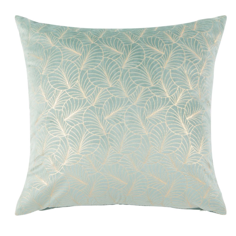 Coussin en velours brillant vert clair motif imprimé doré 45x45