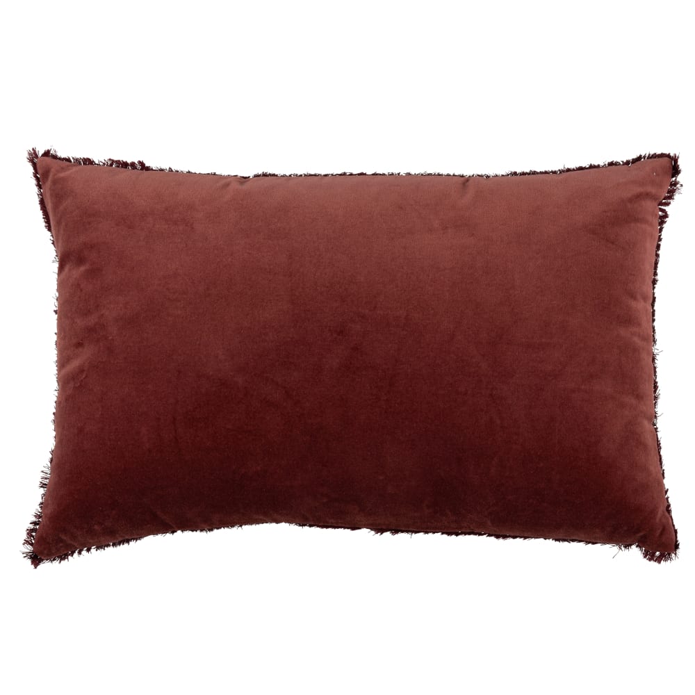 Coussin en velours de coton rouge à mini pompons 60x40