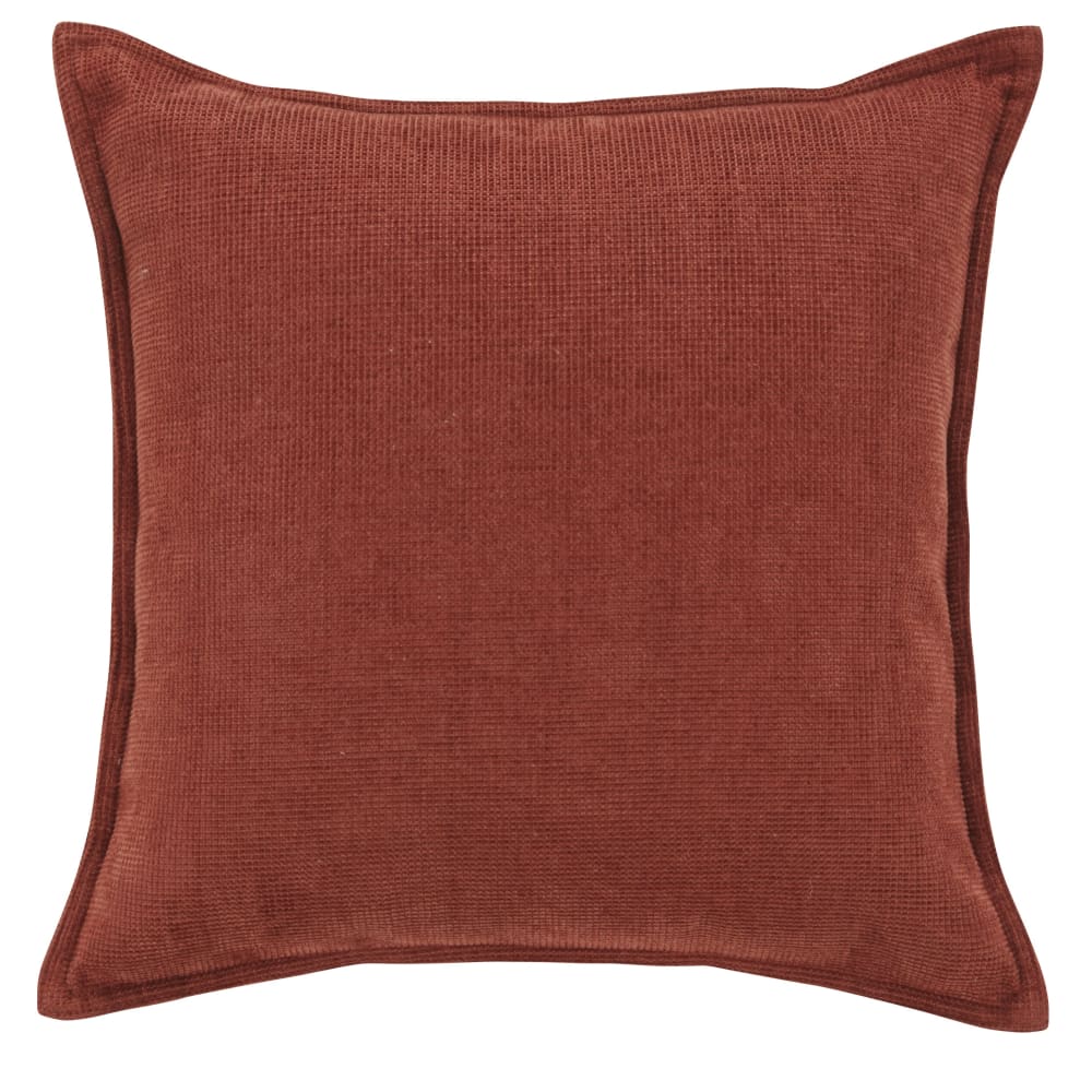 Coussin en velours de polyester recyclé chenillé rouge brique 45x45