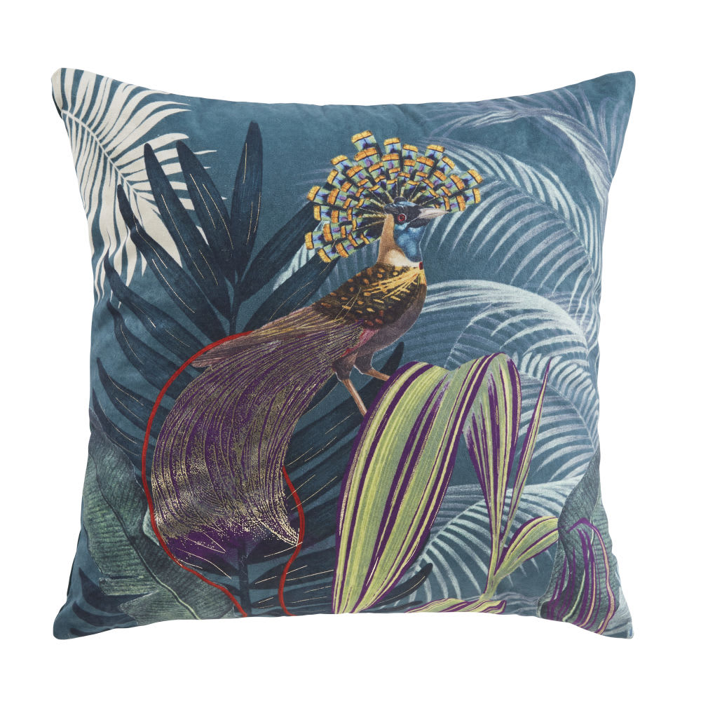 Coussin en velours, imprimé paon bleu et feuilles vertes 45x45