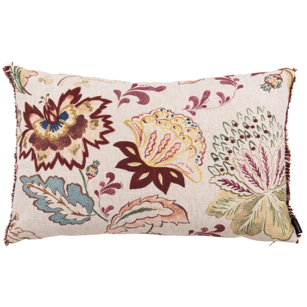 Coussin motifs floral brodé et galon à pompons bordeaux 60x40