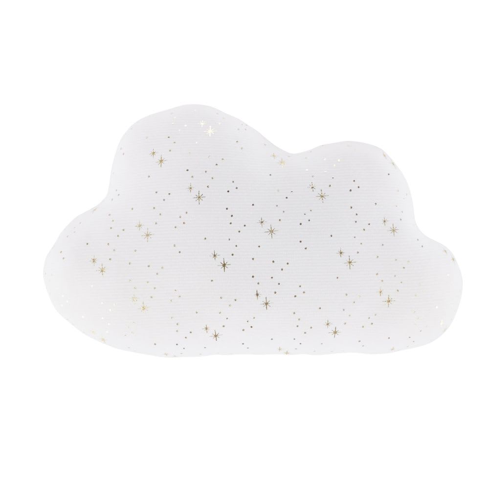 Coussin nuage en coton biologique ottoman blanc motifs étoiles dorées 35x23