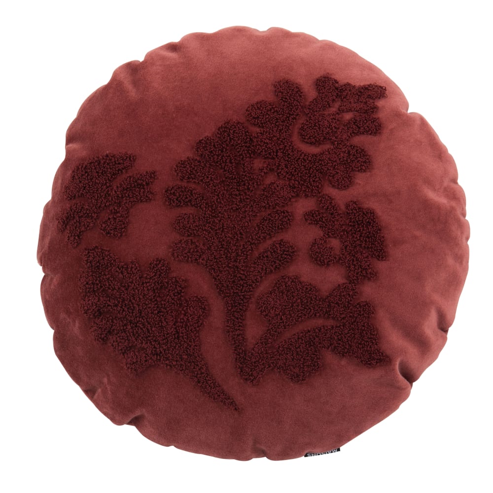 Coussin rond en velours de coton rouge motif floral brodé D40