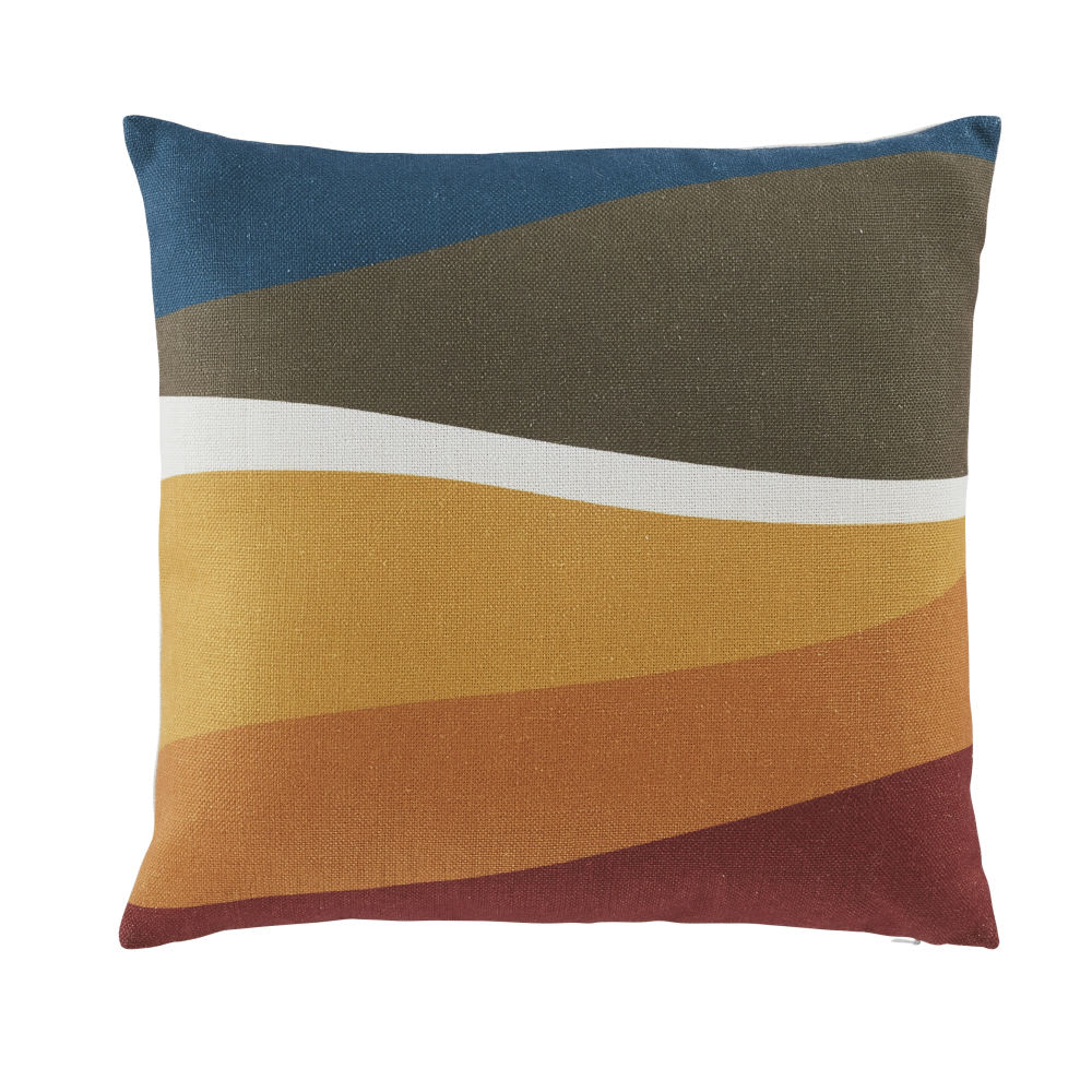 Coussin vert kaki, écru, jaune moutarde et terracotta 45x45