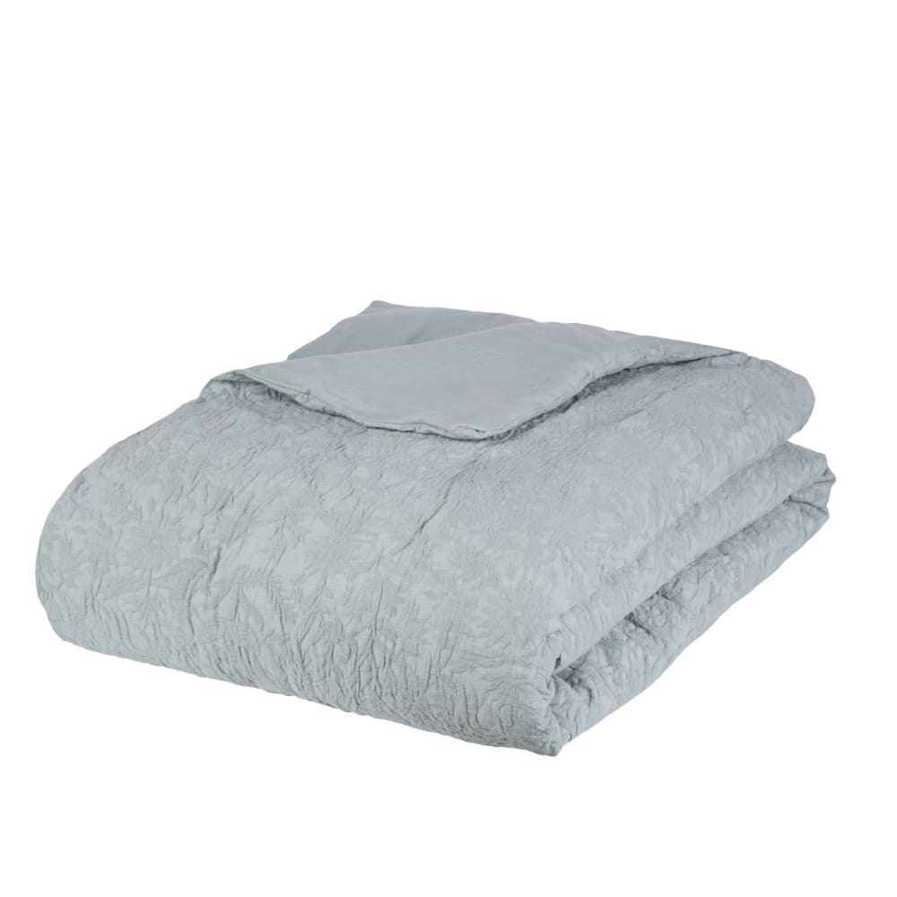 Couvre lit boutis en coton tissé jacquard motif feuillage en relief bleu glacier 260x240