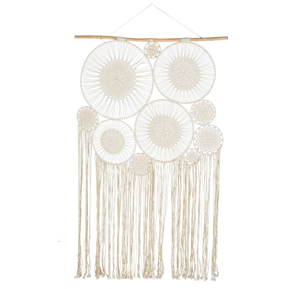 Déco murale attrape-rêves à suspendre en coton blanc et bois de teck, 120x217 cm