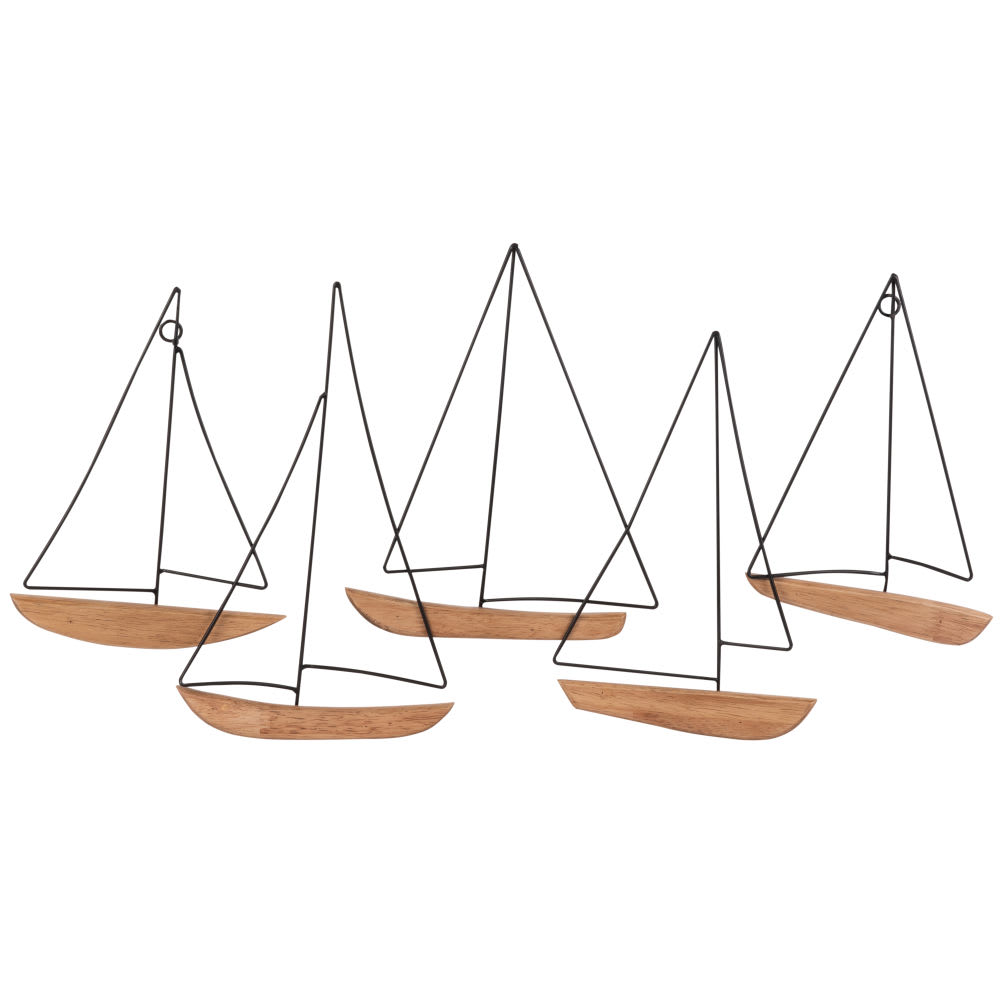 Déco murale bateaux en acier et bois d'hévéa, 65x34 cm