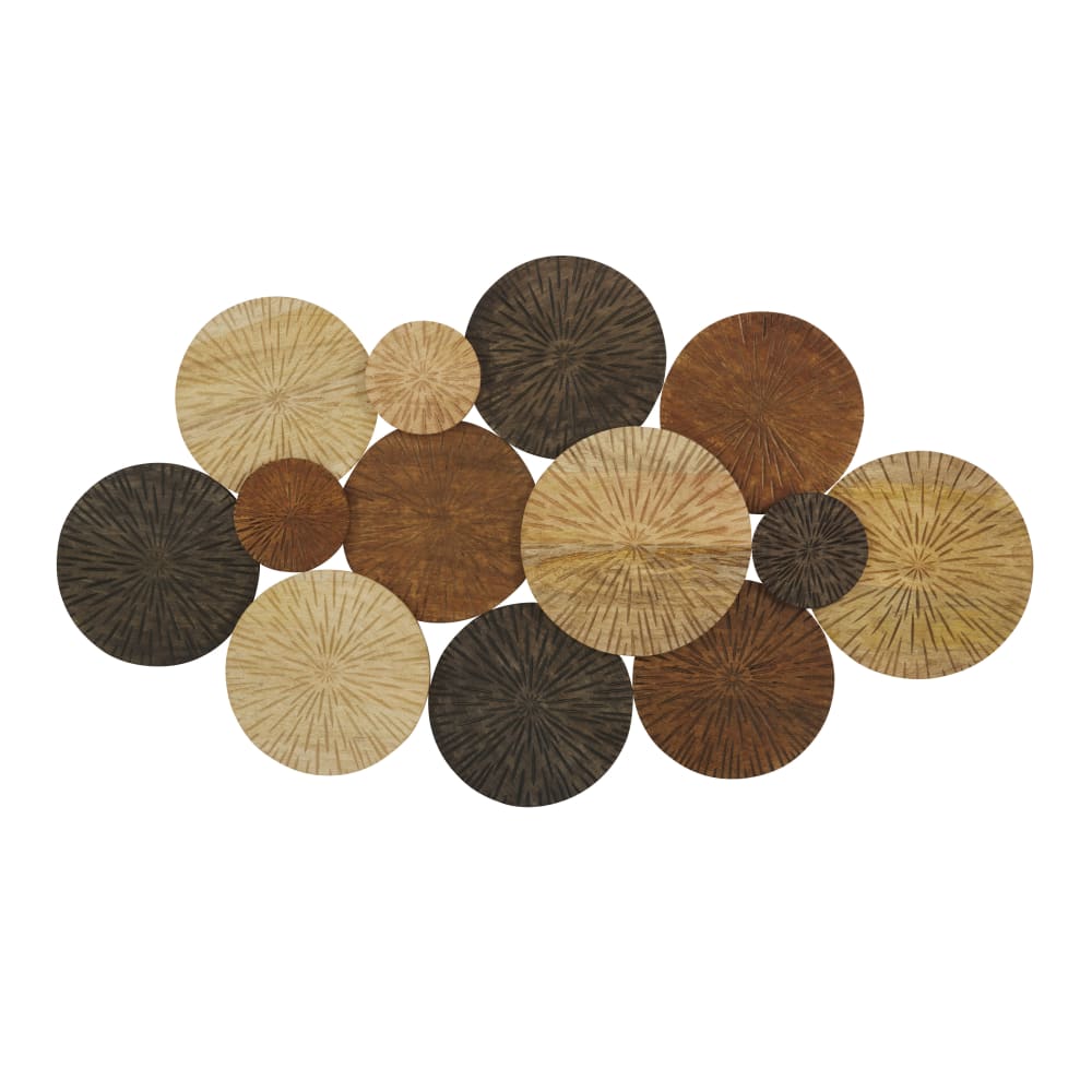 Déco murale cercles en bois de manguier gravé écru, taupe et doré, 134x74 cm