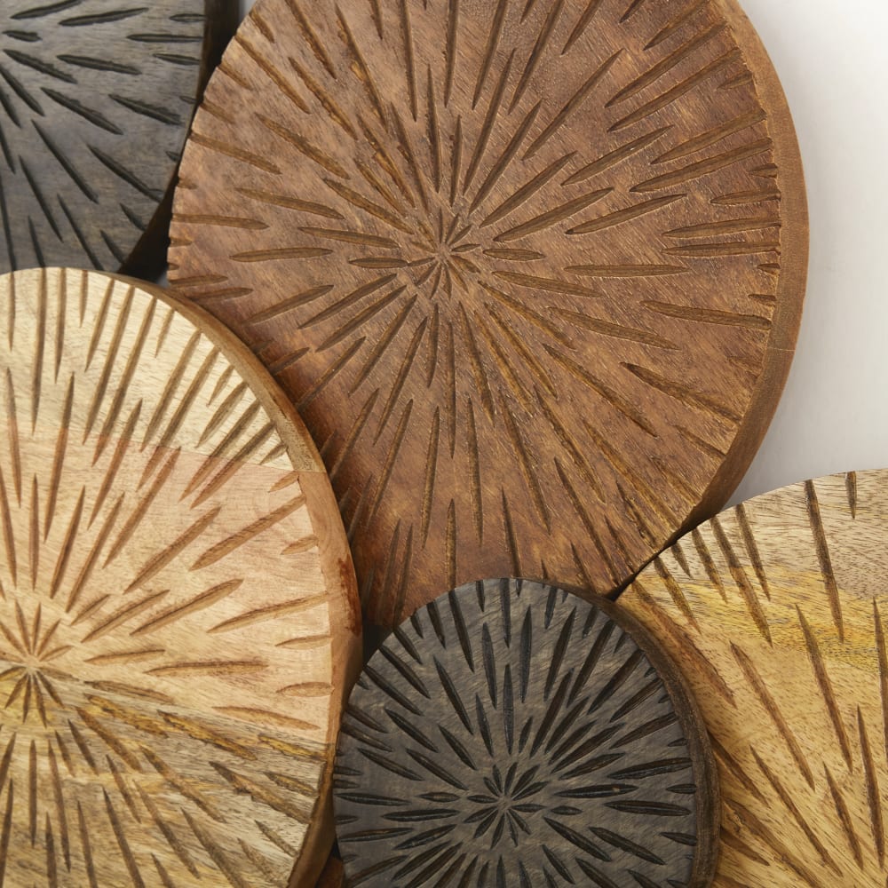 Déco murale cercles en bois de manguier gravé écru, taupe et doré, 134x74 cm - Maisons du Monde