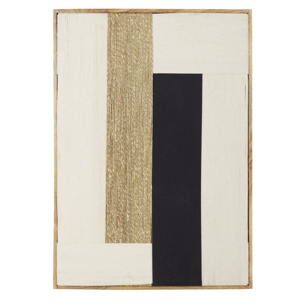 Déco murale en bois de manguier et tissage beige, doré, noir et marron, 77x107 cm