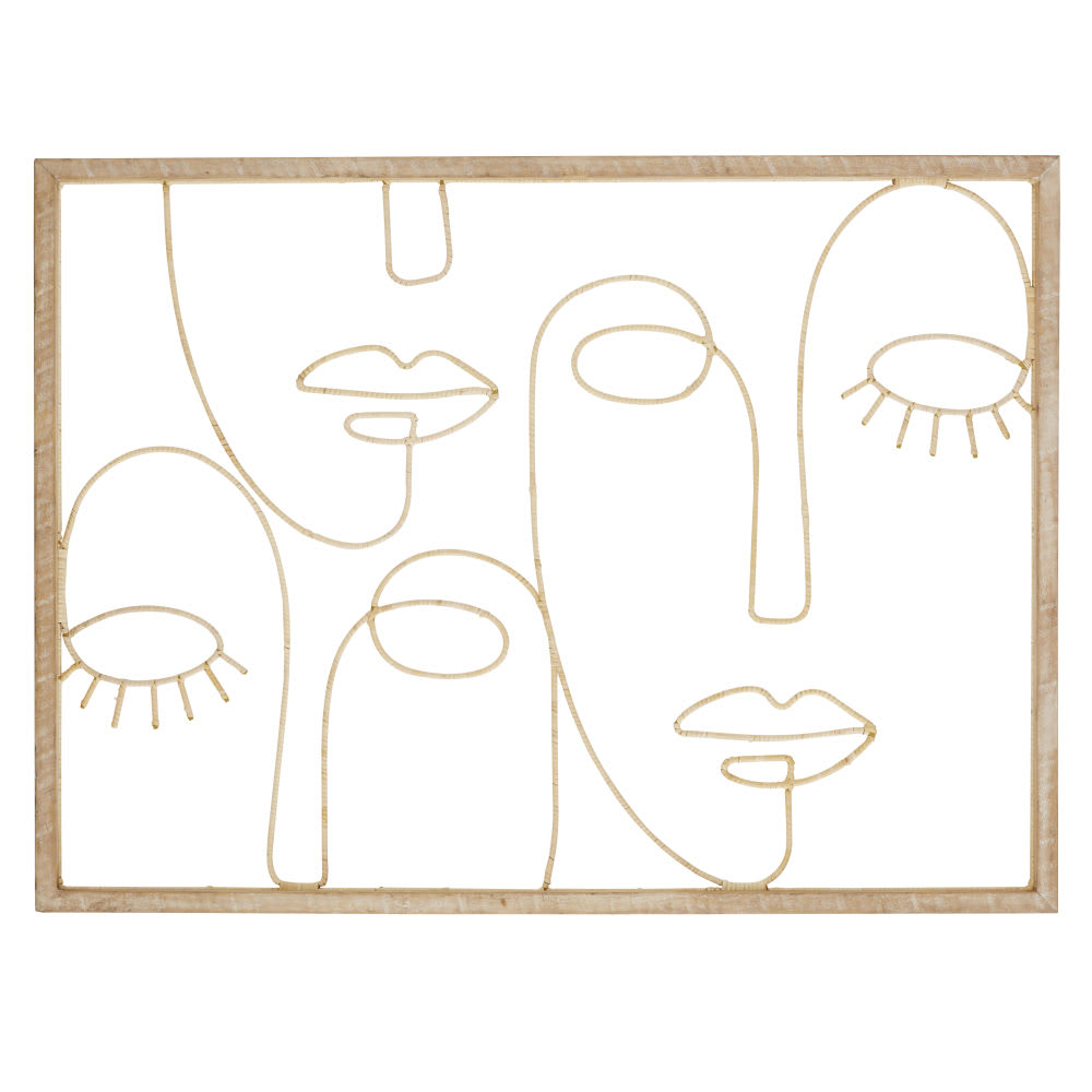 Déco murale visages abstraits en bois de pin et rotin beige 121x88