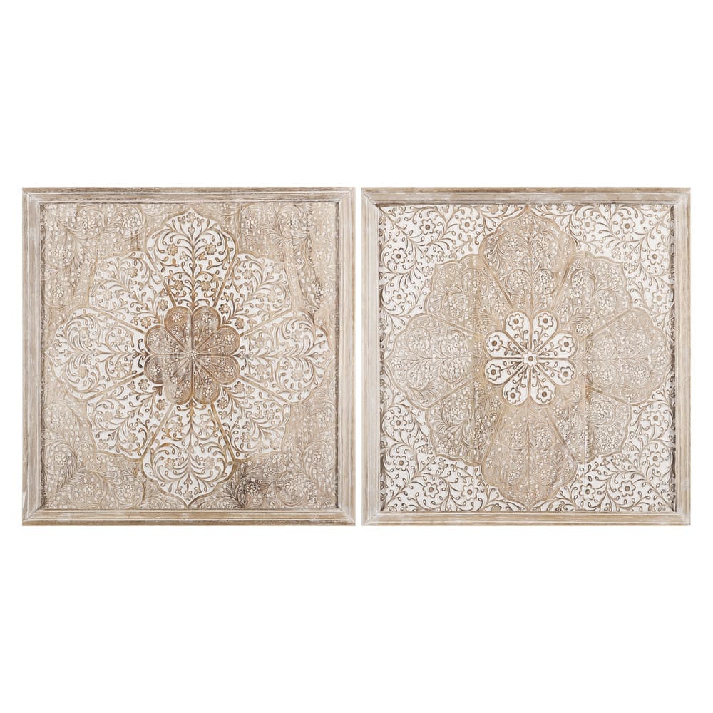 Déco murales en bois de manguier sculpté blanchi, 60x60 cm (x2) — Beyit