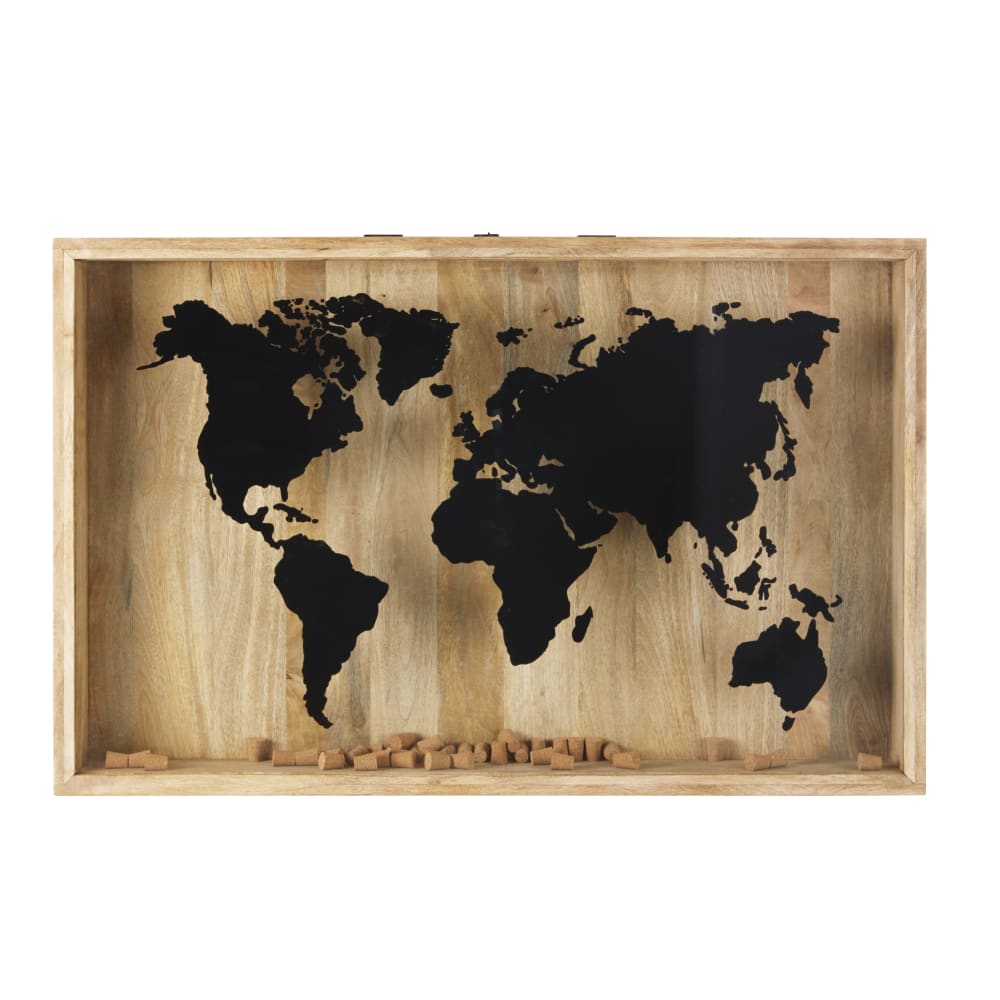 Decoración de pared de madera de mango y cristal con espacio para corchos y mapamundi 110 x 71
