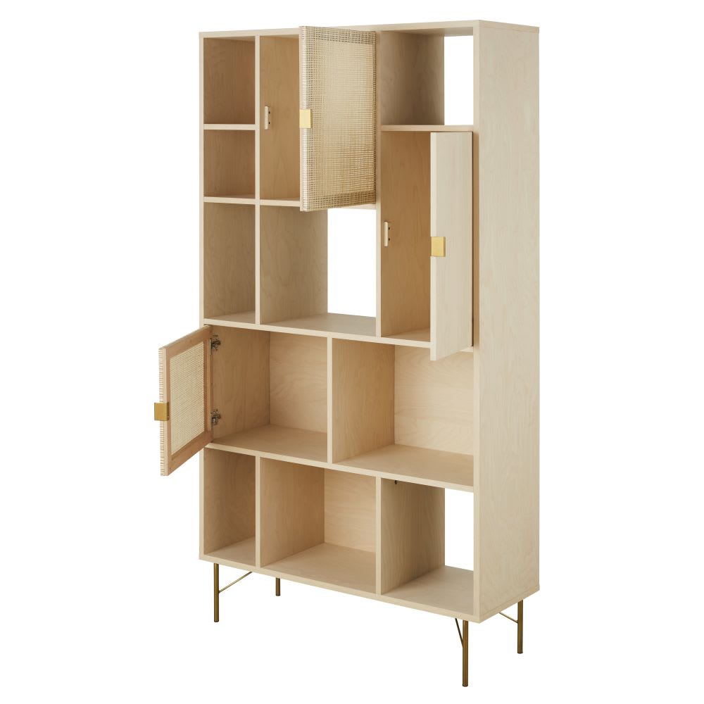 Dekonstruiertes dreitüriges Bücherregal aus Rattan, 100 cm breit