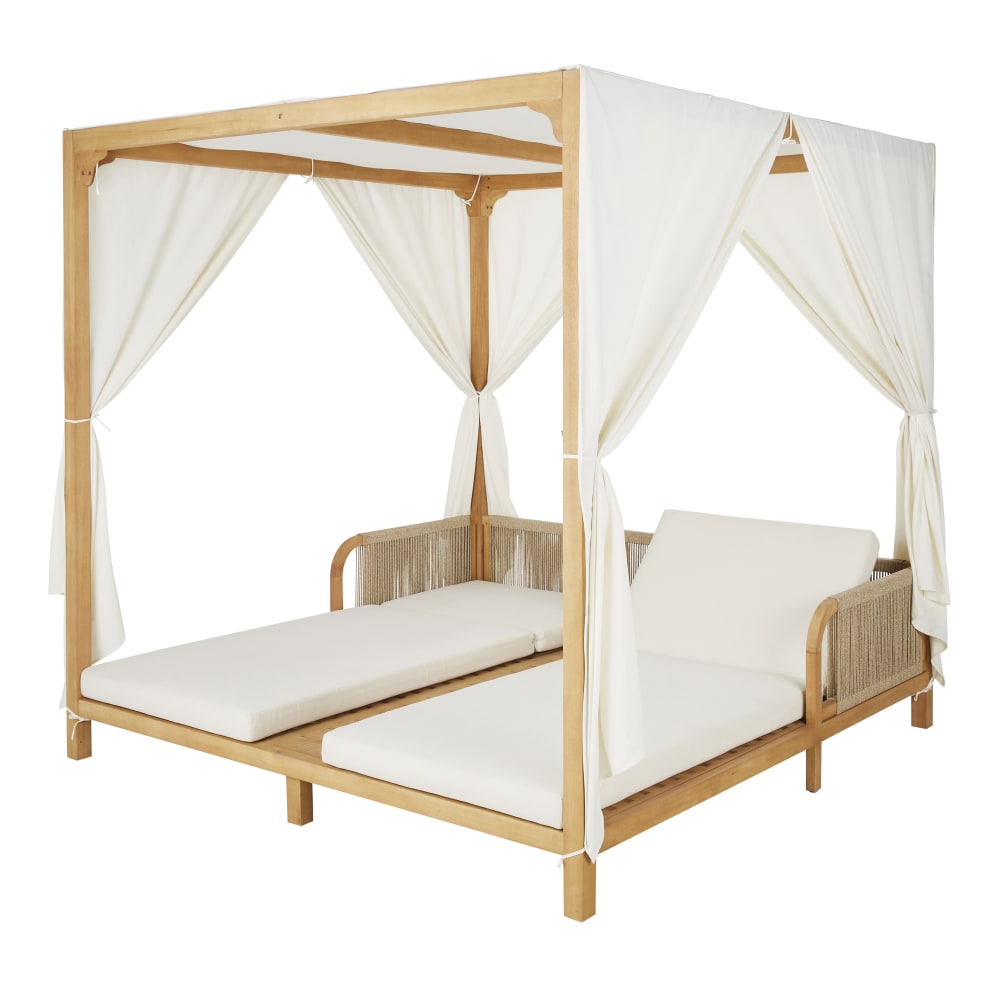 Double bain de soleil à baldaquin professionnel en bois d'eucalyptus et textile écru