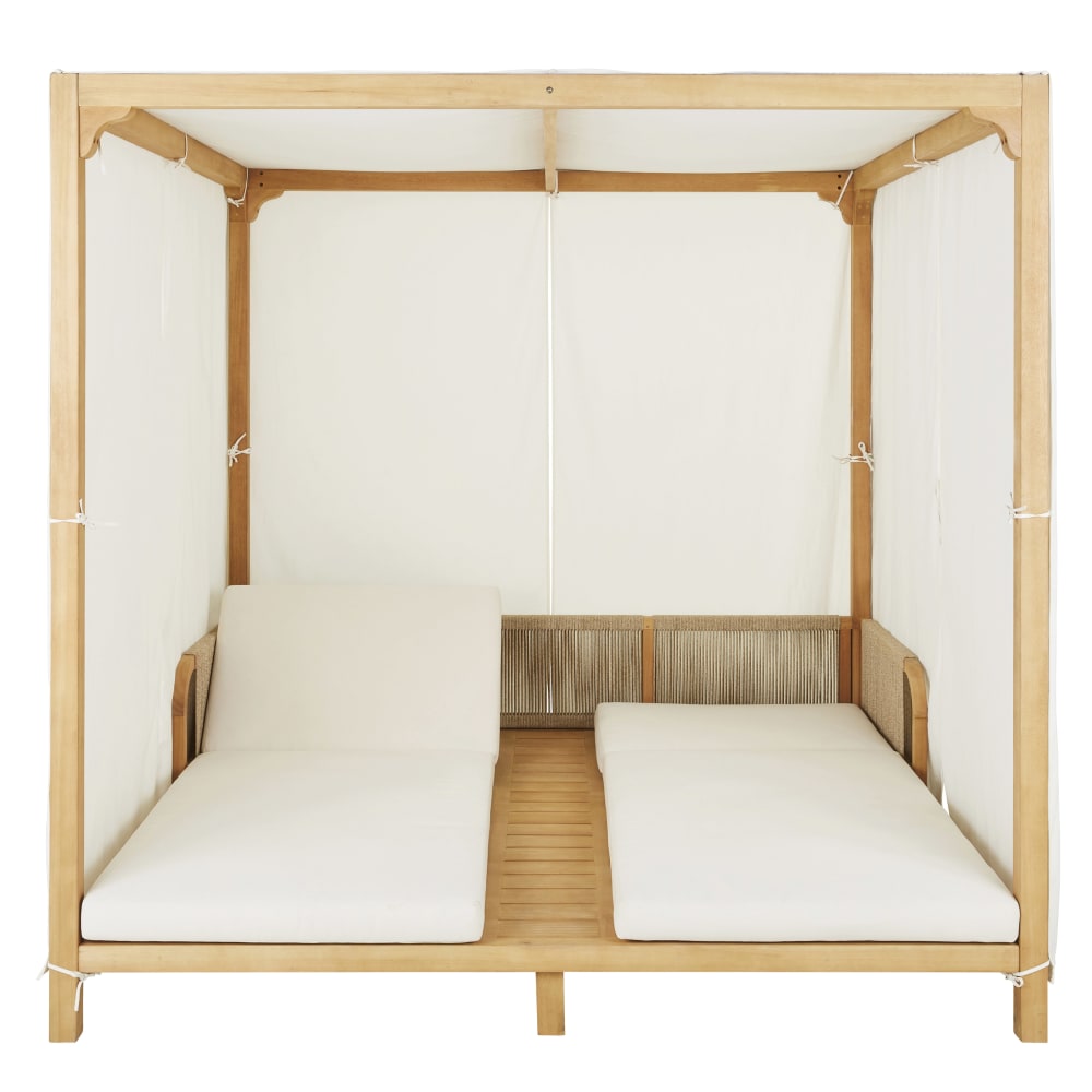 Double bain de soleil à baldaquin professionnel en bois d'eucalyptus et textile écru