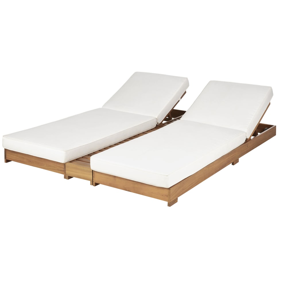 Double bain de soleil en bois d'acacia et toile en polyester recyclé écru