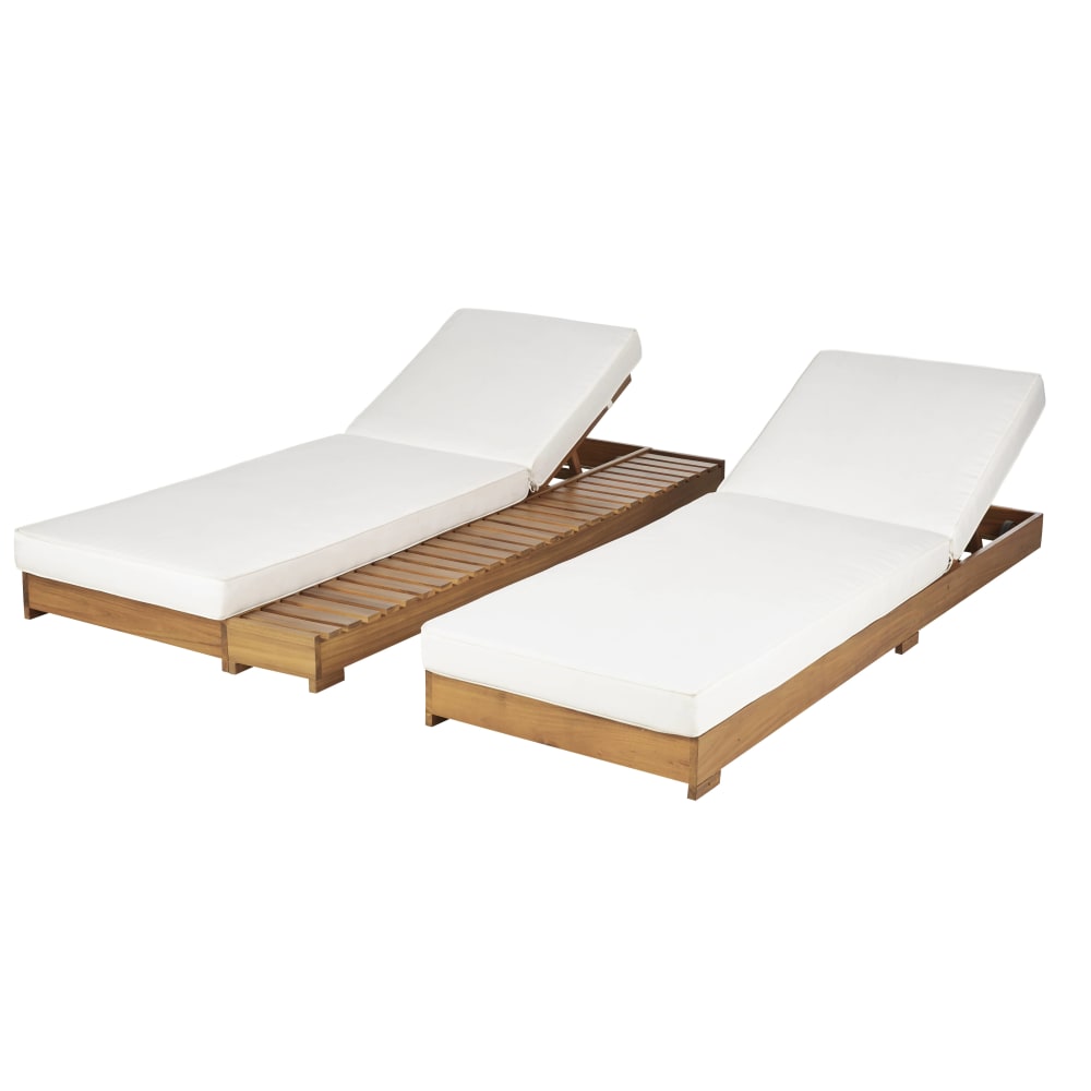 Double bain de soleil en bois d'acacia et toile en polyester recyclé écru - Maisons du Monde