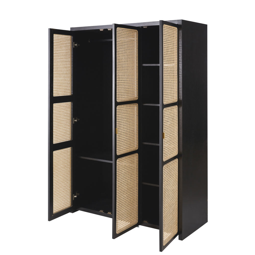 Dreitüriger Kleiderschrank, schwarz, Rattanflechtung und