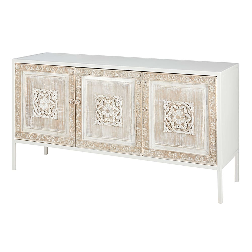 Dressoir met 3 witte metalen deuren en gebeeldhouwde handgreep, 155 cm - Maisons Du Monde