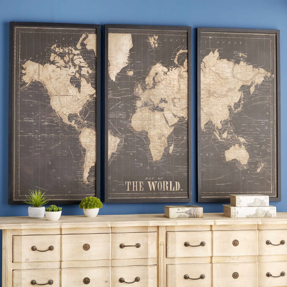 Drieluik wanddecoratie van een beige en antracietgrijze wereldkaart, 180x120 cm - Maisons Du Monde