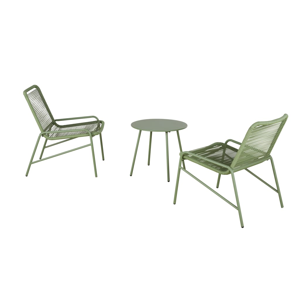 Ensemble 2 fauteuils de jardin en résine recyclée et table basse en acier vert