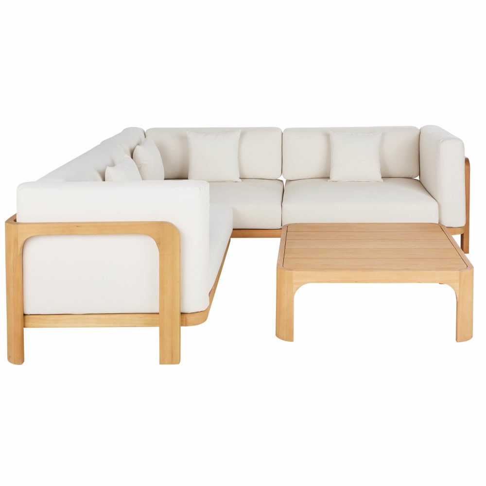 Ensemble canapé d'angle de jardin 6 places en bois d'eucalyptus et polyester écru avec table basse