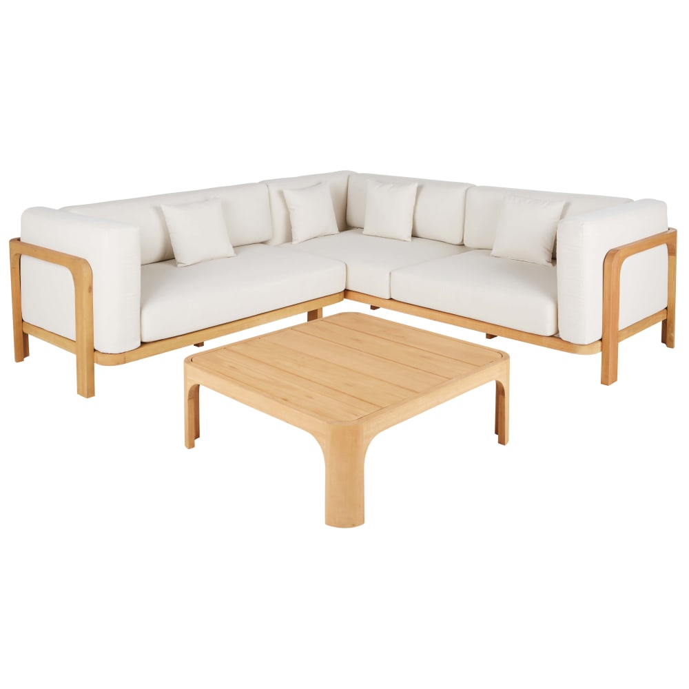Ensemble canapé d'angle de jardin 6 places en bois d'eucalyptus et polyester écru avec table basse