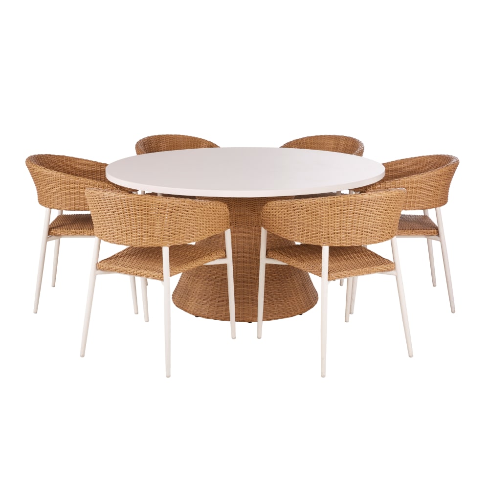 Ensemble table de restaurant imitation pierre écrue, résine recyclée beige et 6 chaises bicolores