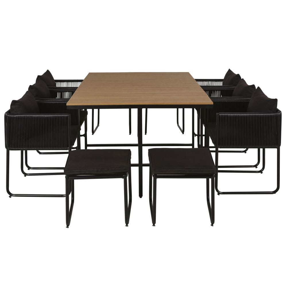Ensemble table en composite imitation teck 6/10 personnes avec fauteuils et tabourets en résine noire de jardin