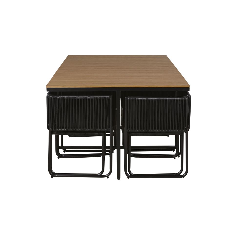 Ensemble table en composite imitation teck 6/10 personnes avec fauteuils et tabourets en résine noire de jardin — vue 4