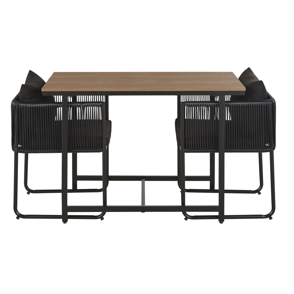Ensemble table en composite imitation teck et fauteuils de jardin en résine noire