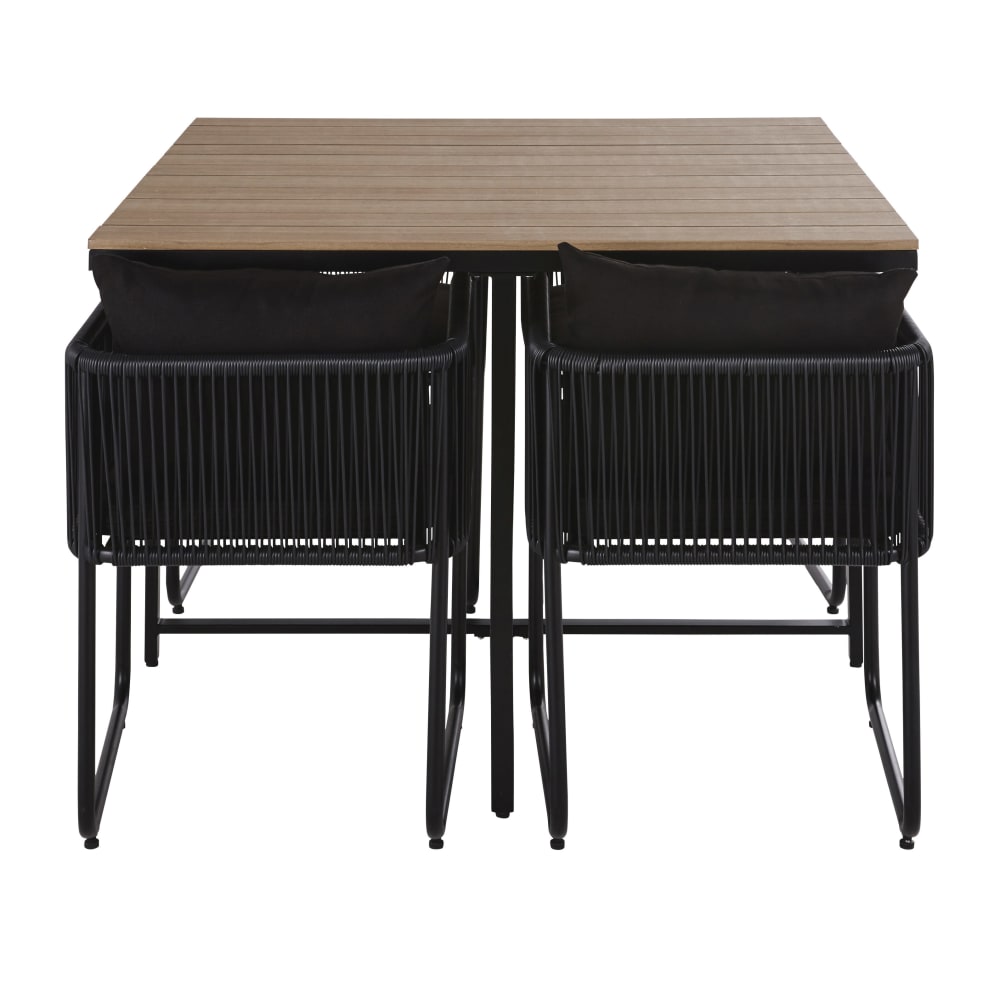 Ensemble table en composite imitation teck et fauteuils en résine recyclée noire de jardin