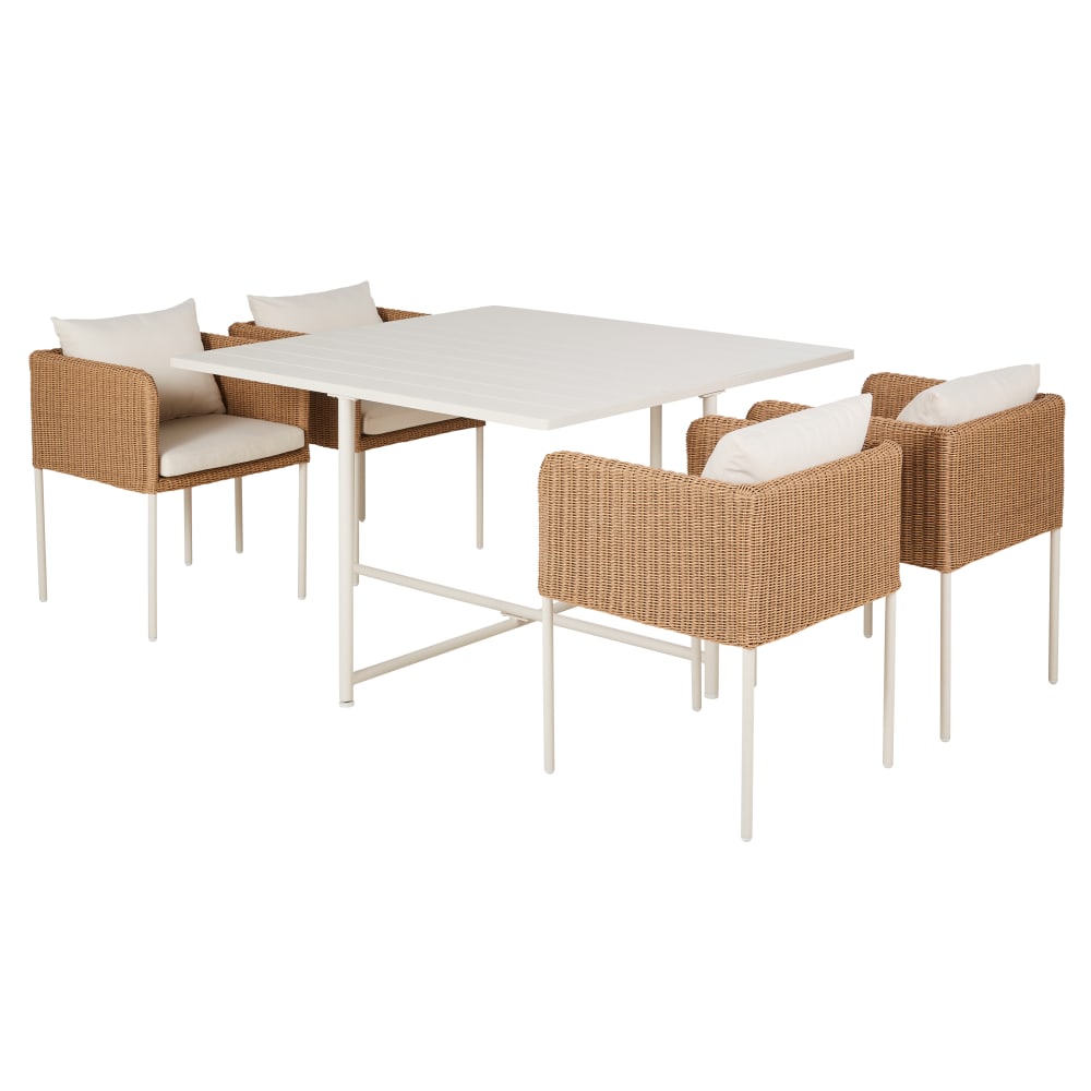 Ensemble table et 4 chaises de jardin en acier écru et résine recyclée beige