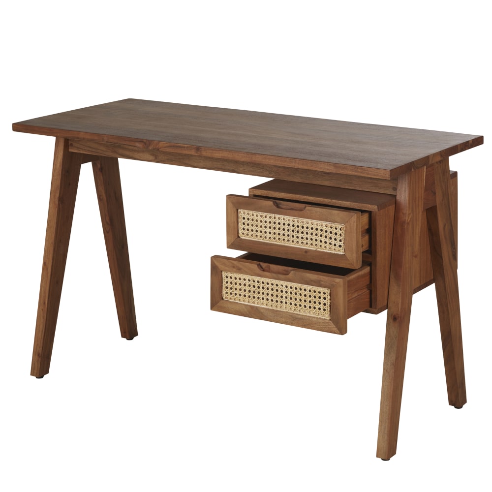 Escrivaninha em madeira maciça de acácia e rattan, 120 cm de