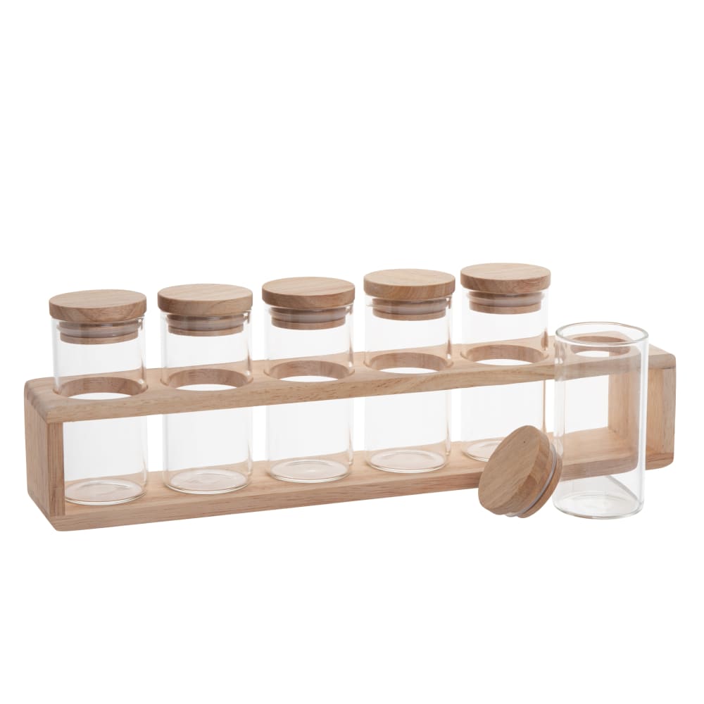 Especiero con 6 tarros de vidrio con soporte de madera de hevea - Maisons du Monde