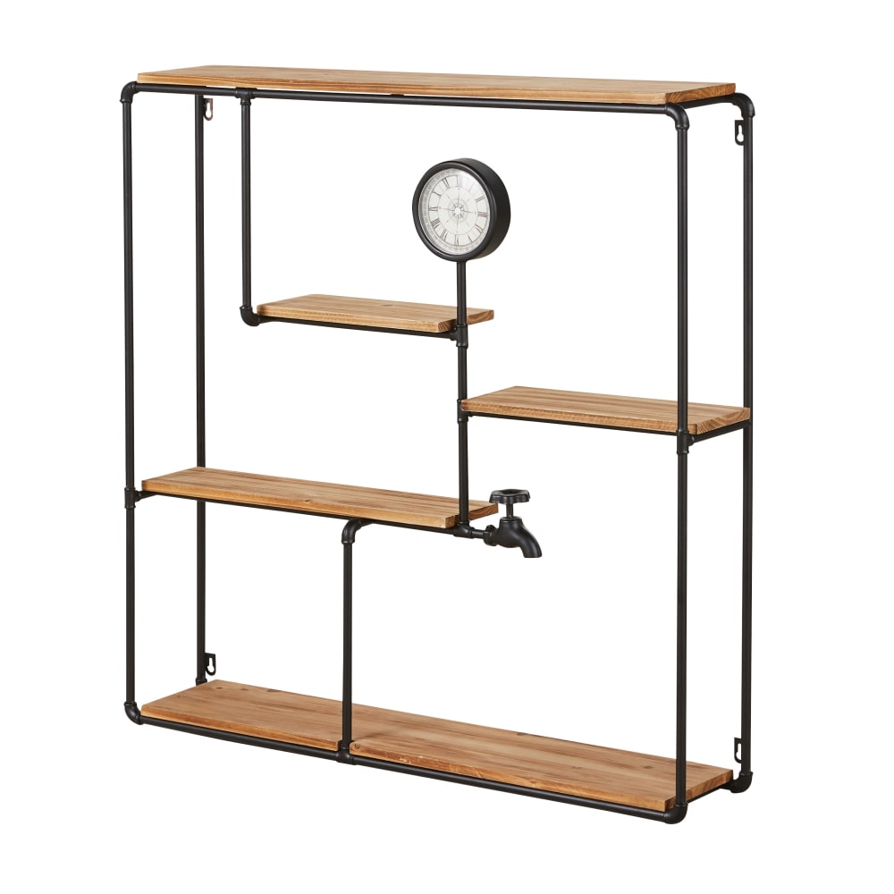 Etagère en fer forgé noir et bois de pin avec horloge — vue 3