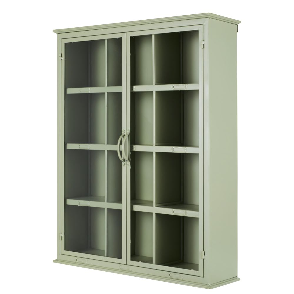 Etagère en fer vert sauge 2 portes en verre — vue 3